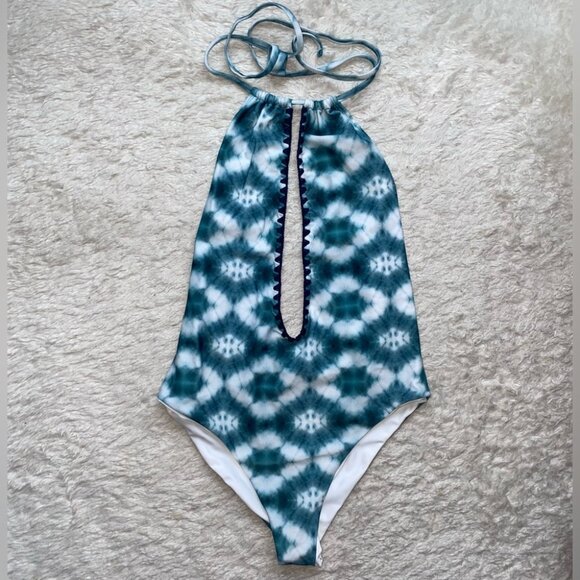 Capittana Aloha Swimsuit Blue White One Piece Monokini Bikini Halter Backless - Picture 6 of 16